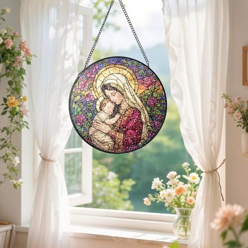 Stained Glass Window Hanging, Virgin Mary and Baby Jesus Suncatchers 6.3x6.3in