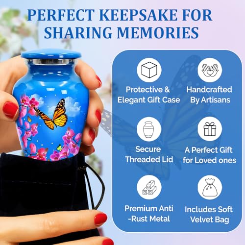 Small Urns for Human Ashes – Set of 4 Mini Keepsake Urns for Ashes, with Velvet Bag & Gift Box, Memorial Sharing Urns (Sky Blue, Set of 4) Sky Blue
