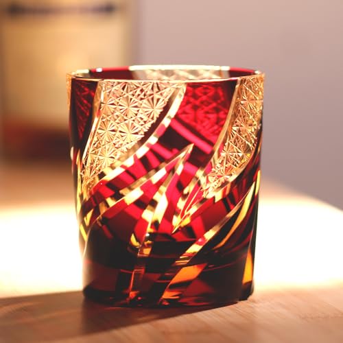 JINZHI Hand-Cut Japanese Edo Kiriko Whisky Glass - Artisanal Colored Crystal Craft Cocktail Glass for Bourbon, Scotch, Old Fashioned - Luxury Barware Gift