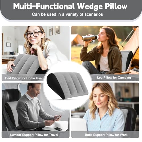 TheClover Inflatable Wedge Pillow for Sleeping - Use in Bed Back Support,Leg Elevation, Wedge Pillow for Sleep, Portable Travel Triangle Gift,Complimentary Silk Eye mask Grey