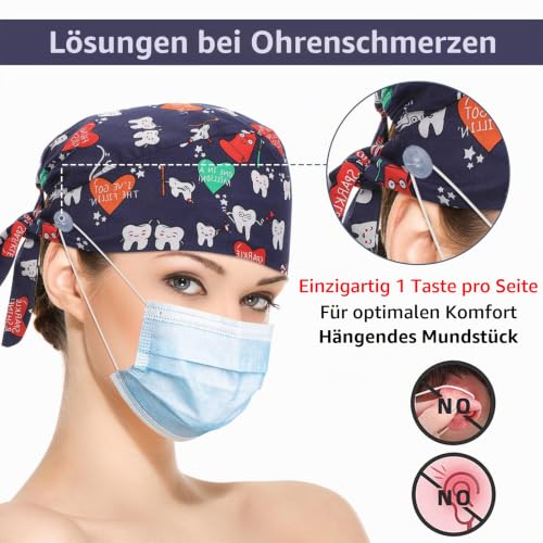 Pack of 3 Adjustable Surgical Cap with Button Work Cap Cotton Print Sick Nurses Cap Unisex Dust Caps (Cartoon Teeth Style) cartoon teeth style