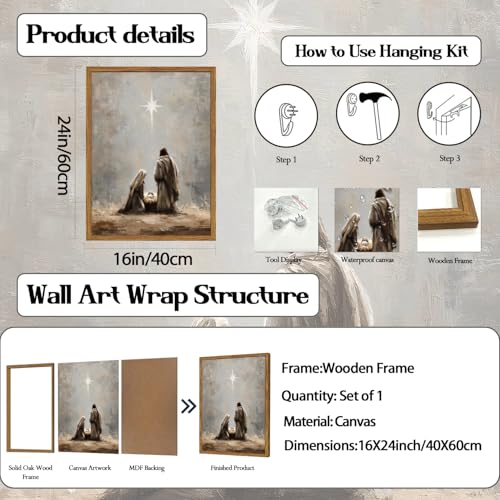 Framed Jesus Wall Art, Christian Nativity Scene Wall Decor Paintings, Star of Bethlehem Pictures Canvas Prints Religious Home Decor for Living Room Bedroom Church Prayer 16x24 inch 24"L x 16"W