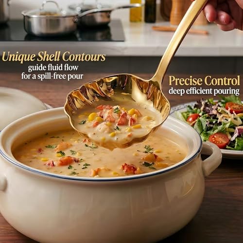 Gold Soup Ladle Set of 2, Premium 18/10 Stainless Steel Sauce Ladle with Artistic Shell-Shaped Design, 9-Inch Small Ladle for Serving Soup, Gravy and Sauce, Mirror Polished, Dishwasher Safe Serving Soup Spoon(Gold)
