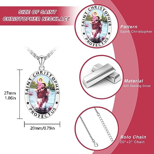 Religious Amulet Necklace 925 Sterling Silver St.Christopher/St.Michael Pendant Necklace Patron Saint Archangel Michael Catholic Jewellery for Men Women C-Silver-St Christopher