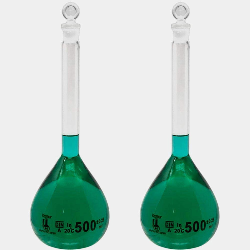 500ml Volumetric Flask, 3.3 Boro Glass, Class A, Ground Stopper, Karter Scientific 213W7 (Pack of 2) 500ml Pack of 2