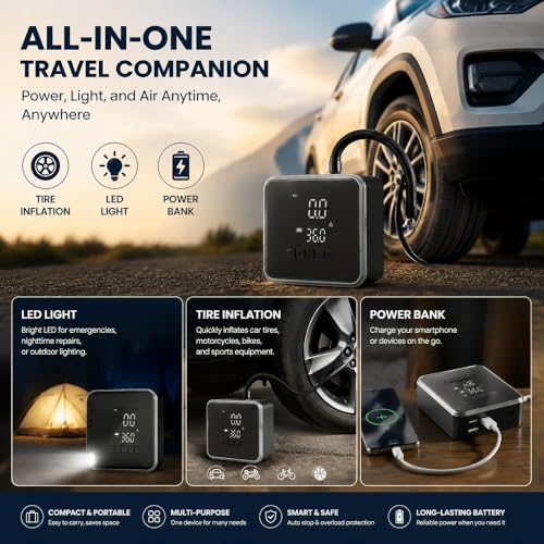 KinZon Portable Wireless Air Compressor - Car Tyre Inflator 150PSI Dual Power 12V + Battery, Auto Shut-Off Digital Display LED Lamp for Car, Motorcycle, Bike, Emergency