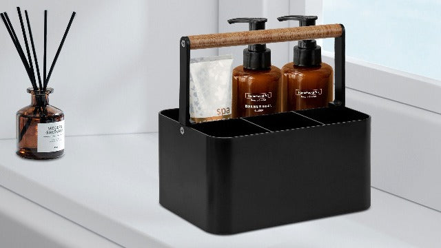 BYUNER Portable Shower Caddy Dorm: Bathroom Caddy Organizer with Handle and Adjustable Dividers,Plastic Shower Basket for Toiletry,Makeup,Vanity,Shower Storage Tote for College, Cleaning Caddy, Black Black / Wood Handle