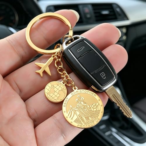 Dreamtimes St. Christopher Keychain for Men Women Airplane Key Ring Map Stainless Steel Keychains Good Luck for Travel Lovers Gold