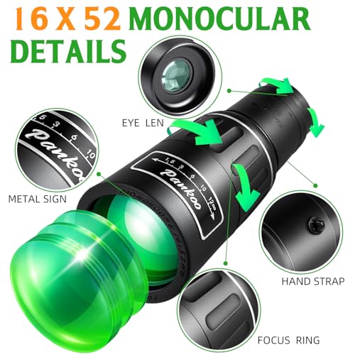 Pankoo 16X52 High Powered Monocular Telescope for Adults - Power Prism, Compact HD Scope, Perfect for Gifts, Hiking, Concert, Travelling & Bird Watching