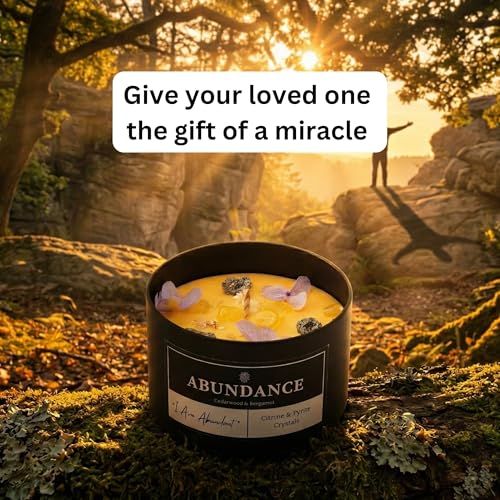 Abundance Crystal Candle – Citrine & Pyrite Crystals for Wealth & Success. Infused Cedarwood & Bergamot Scented Manifestation Candle with Gold Leaf & Hydrangea. Spiritual Gifts for Women Abundance