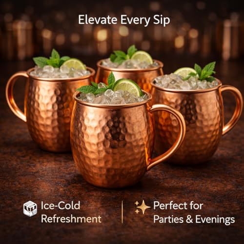 Premium Handcrafted Copper Moscow Mule Mugs Set of 4 – 16oz Hammered Solid Copper Cups, BPA-Free & Lacquer-Free, Elegant Gift Set for Cocktails, Water, Home Bar & Parties