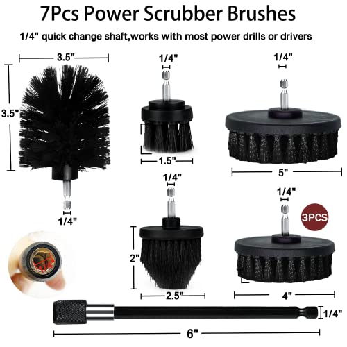 Drill Brush Attachment Set, 7 Pack 1/4in Power Scrubber Brush + Extend Long Attachment, Brush Drill Attachment, Power Cleaning Scrub Brush for Bathroom, Tub, Tile, Corner, Floor（Black） Black