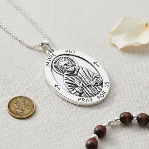 ONEFINITY Hecate/Saint Padre Pio/Viking Thors/Virgin Mary/Freya/St Benedict Medal Necklace 18k White Gold Plated Religious Catholic Amulet Jewelry Gift for Men Women Saint Padre Pio