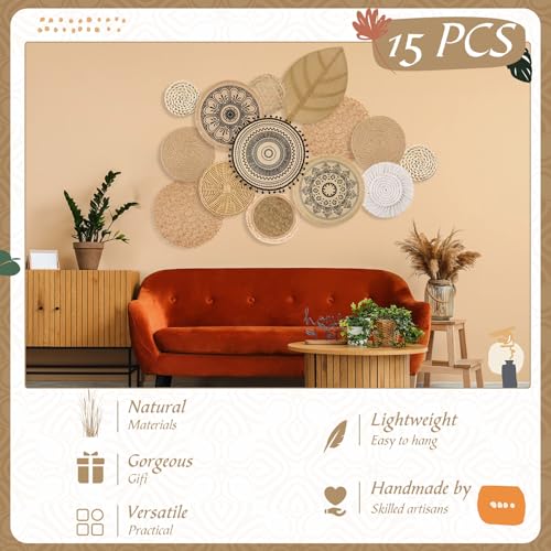 15 Pcs Boho Wall Basket Decor Woven Rattan Seagrass Wall Decor Hanging Rustic Farmhouse Round Handmade Wicker Decoration, Western Art for Living Room Kitchen Bedroom Home Nursery