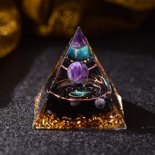 Twelve Constellations Orgone Pyramid Natural Amethyst with Obsidian Healing Crystals for Protection Chakra Positive Energy Gift Home Decor (Taurus) Taurus