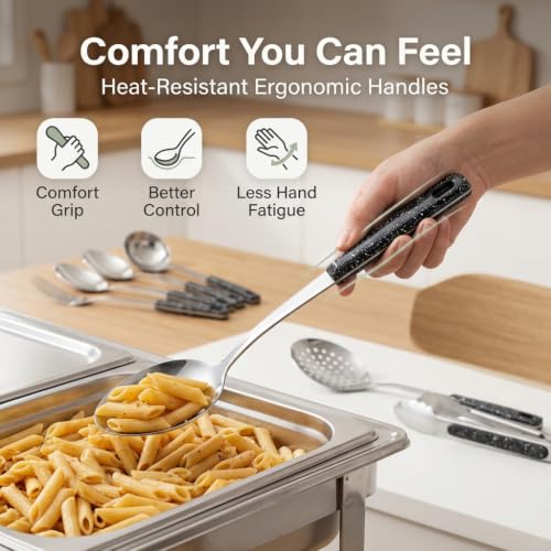Set of 10 stainless steel metal serving utensils from HAPPY KIT, including spoons, tongs, and serving tools for dining and entertaining.
