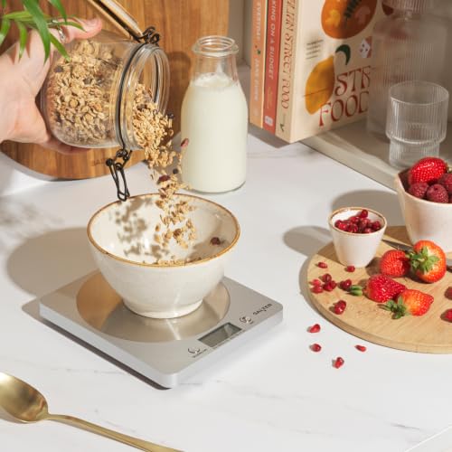 Salter 1036 SVSSDR Disc Digital Kitchen Scale – Electronic Food Scale, Add & Weigh Multiple Ingredients, 5kg Capacity, Aquatronic for Measuring Liquids, Easy Read LCD Display, Includes Battery Silver