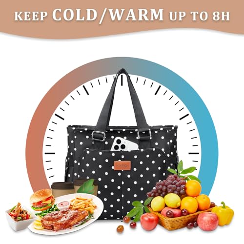 HSHRICH Insulated Lunch Bag Women - Large Tote Lunch Box For Work X-Large 17-White Dots