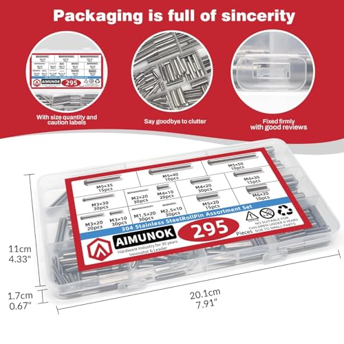 AIMUNOK 295-piece stainless steel metric roll pin assortment kit in assorted sizes