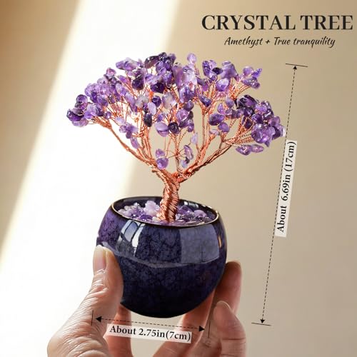 Runyangshi Amethyst Crystal Tree, Natural Tree of Life Gemstone Tree Handcrafted Crystal Gravel Ornament, Spiritual Feng Shui Home Decor, Luck Prosperity Abundance Gift for Women Purple