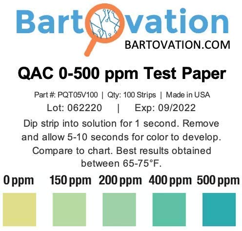 Bartovation Quaternary Ammonium Test Paper Strips, 0–500 ppm, 200-pack box and test strips