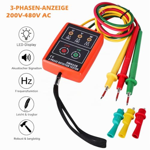 Vegena Phase Tester Rotary Field Meter Ac60 V ~ 600 V with Crocodile Clips Buzzer Tester Displays Digital Phase Rotation Indicator 3 Phase Sequence Presence Rotation Tester Contactless Rotary Field
