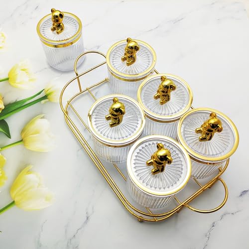 Metal Tray With Cover - 6 Removable Snack and Candy Tanks, Food Dispenser, Biscuit Jar, Airtight Storage for Jewelry, Condiments - White 6-Grid White 6-grid little bear Tray
