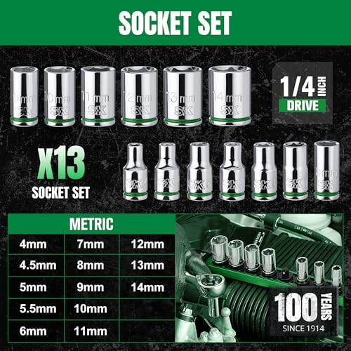 SK 1/4-inch drive metric socket set, 13-piece 4–14 mm shallow sockets in storage case