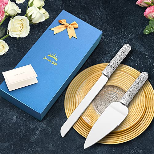 Wedding Silver Cake Knife and Server Set - 2 Pcs Dessert Set Metal Handle with Crystal Stones Decoration for Wedding, Anniversary Party Birthday Banquets, Gifts for Bride and Groom A SILVER