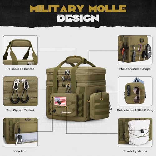 Maelstrom 23L tactical lunch box for men, expandable double deck cooler bag in khaki, with sturdy handles and insulated interior.