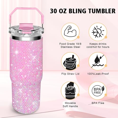 Bling Rhinestone Studded Tumbler with Top Handle, Bling Cups Stainless Steel Water Bottle Diamond Glitter Tumbler for Women - Birthday Gifts for Women, Mom,Get Well Soon Gifts (Pink) Pink
