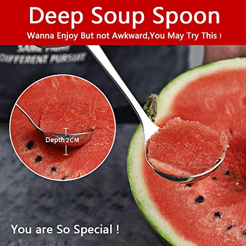 Set of four 6.7-inch Qualizon stainless steel mini soup ladles with deep bowls, ideal for serving soups and broths.