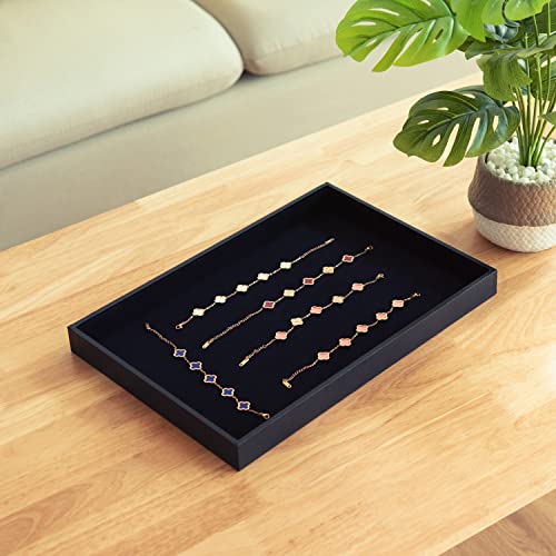 Two black velvet jewelry trays from JETEHO, stackable display plates for necklaces, bracelets, and rings, empty and stylish.
