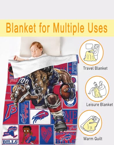 Original American Football Series: Buffalo Throw Blanket (L60 xW50) Bold 3D Effect Use Throw for Outdoor, Travel, Vacation, Nap, and Relaxation or Game Day for Fans L60"xW50"