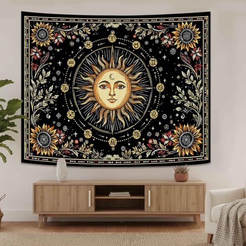 Lunerfex Celestial Sun Tapestry - Zodiac Wheel Wall Hanging for Bedroom and Living Room - Boho Spiritual Decor Tapestries 80"x60" 80"L x 60"W Light Yellow