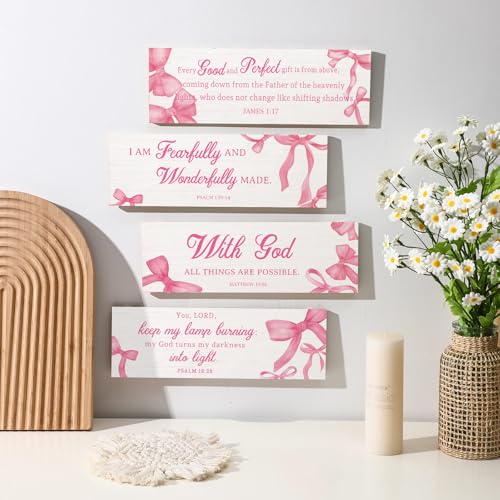 Yousoontic 4 Pcs Pink Bow Christian Wooden Wall Sign Coquette Pink Bible Verses Hanging Wall Art Bedroom Decor Christian Scripture Sign Bow Psalm 91 Art for Room Bedroom Home Kitchen