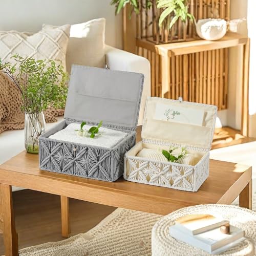 Decorative Boho Storage Baskets with Lid Natural Macrame Boxes Small Gray