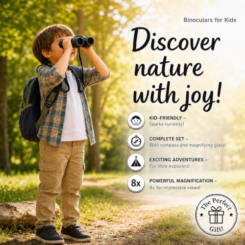 Binoculars for Kids – Perfect Toy for Little Boys and Girls – Extensive Set Incl. Magnifying Glass & Compass – Powerful Magnification 8X21 – 3 to 12 Year Old Kids for Toddler Black