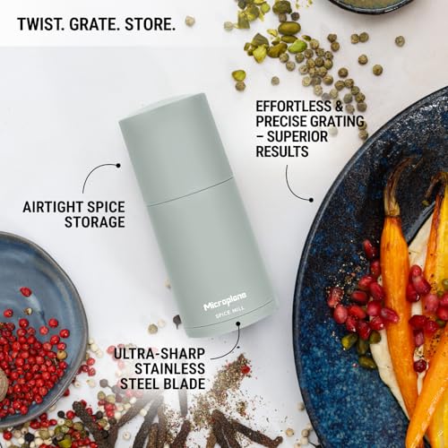Microplane Spice Mill 2in1 – Sage Green | Manual Spice Mill with Ultra-Sharp Stainless-Steel Blade | Grates Nutmeg, Cinnamon, Tonka Bean, Indian Long Pepper, Nuts & More | Airtight Storage