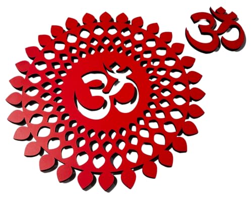 World Wide Kart 30x30cm Red Om Round Decorative Wall Art Mdf Wooden Om Chakra For Temple, Living Room, Bedroom, Office, Hotel, Home Decor Items, Gift Item, Mandala Wall Hanging For House Decoration MANDALA OM-RED 12"L x 12"W