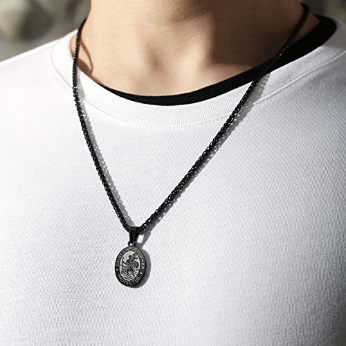 P. BLAKE Oval Saint Christopher/Michael/Joseph/Jude/Virgin Mary/Joseph/Francis/Patrick/Anthony/Benedict/Thomas Necklace for Men Women, Stainless Steel Catholic Patron Pendant with Chain 24 Inches Black St.Christopher