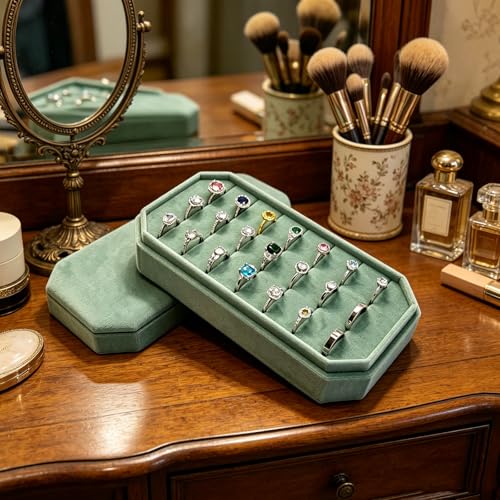 Velvet Ring Organizer Box - Ring Jewelry Box for Rings Earring, Jewelry Tray Rings holder Display Case for Girl Women (8.07"x4.13"x2.16") -PRB024-Mint Green Mint Green
