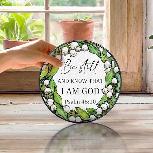 Christian Stained Glass Window Hanging, Be Still and Know that I Am God Bible Verse Suncatchers, Lily of The Valley Sun Catchers Indoor Window Round Glass Hanging Decorations, 7.9x7.9in