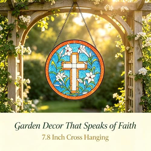 KOMI 7.8 Inch Cross Stained Glass Window Hanging Sun Catcher Garden Decor Christian Gifts for Women Mom Wife