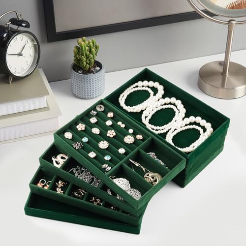 Jewelry Drawer Organizer, 8 Set of Stackable Velvet Organizer Tray, Drawer Inserts for Jewelry Organization, Showcase and Safely Store Your Collection with Elegance and Sophistication (Green) Green