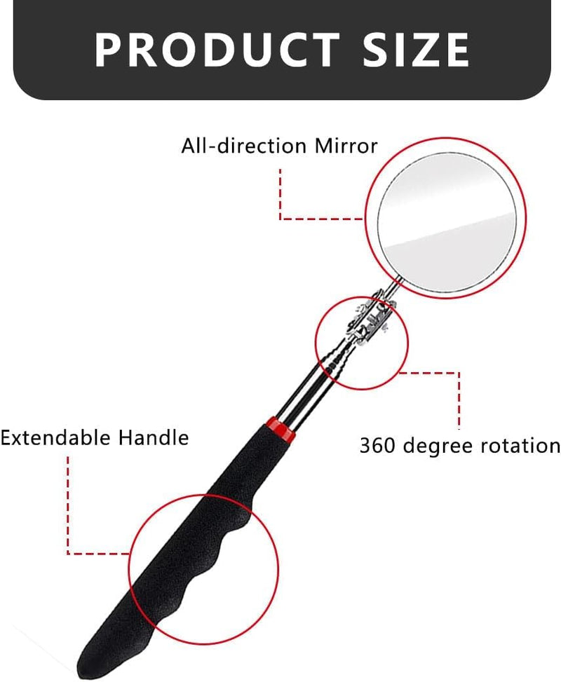 [Australia - AusPower] - 6 Pcs Extended Handle Telescopic Mirror Set - Car Inspection Mirror, 50mm Diameter, Round Handle, 360-Degree Rotation, Stainless Steel Universal Folding Telescopic Round Mirror (Black) 