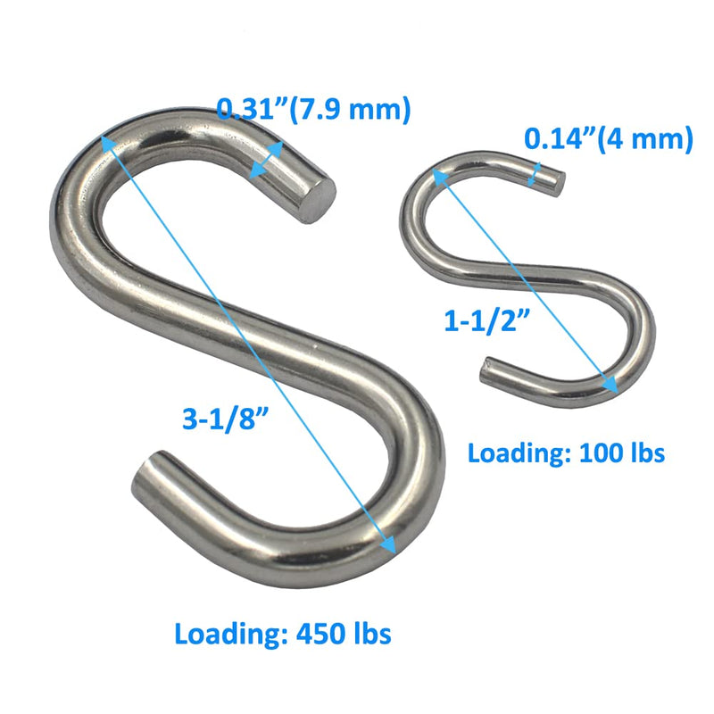 24 packs 304 Stainless Steel Small 1-1/2 inch Long S Hooks Loading 100 lbs 1-1/2" 24 packs