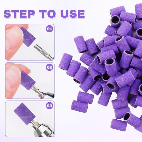Pack of 300 Sanding Caps Nail Cutter Sanding Sleeves Nail Cutter Attachments 180 Grit Purple Suitable for Cleaning Cuticles Polishing Shapes Shortening Smoothing Nails with 3 Pieces Ball Bearings