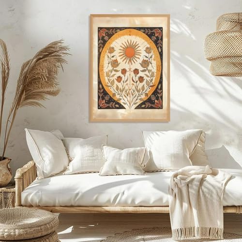 Framed Orange Sun and Roses Sun Wall Art Poster Mystical Minimalist Folk Canvas Painting Moody Flowery Spiritual Print Botanical Boho Norse Mythology Earth Tones Bedroom Home Decor 8x12inch 8"L x 12"W Folk print