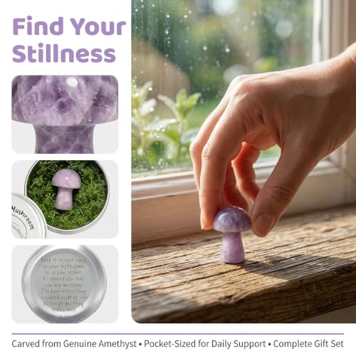 Amethyst Crystal Mushroom in Tin Box, Emotional Support Mushroom Spiritual Gifts for Women, Healing Crystals Home Decoration Gift Set